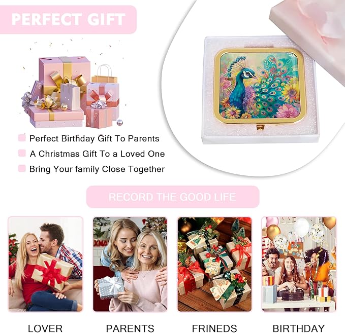 Mini Folding Mirror Square Compact, 2.8 in Small Portable Travel Makeup Mirror for Purse, Women Girls Travel Daily Use Gold Peacock