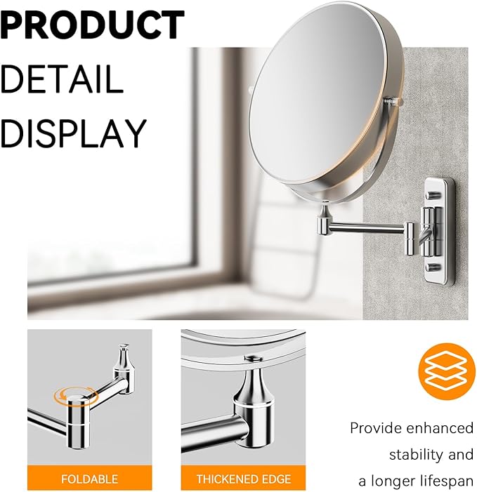 Auxmir 1X/30X Wall Mounted Makeup Mirror, 8'' Double Sided Magnifying Mirror with Tweezers, Bathroom Makeup Mirror, Cosmetic Vanity Mirror with 360 Rotation Extendable Swivel Arm, Chrome