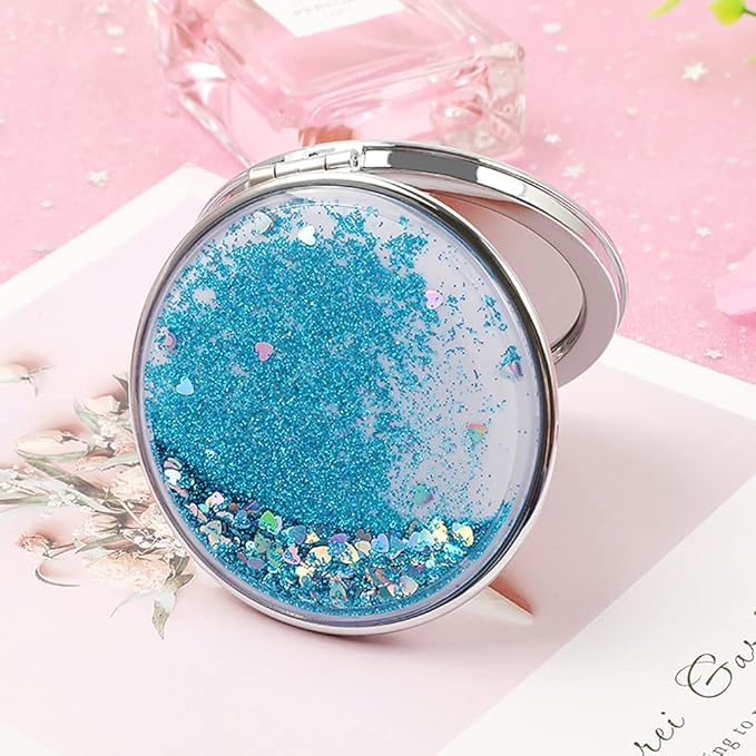 AKOAK 1 Pack Compact Mirror, Portable Quicksand Pocket Travel Makeup Mirror, Folding Hand-held Double Sided 1x/2x Magnifying Glass, Great Gift for Women and Girls(Blue)