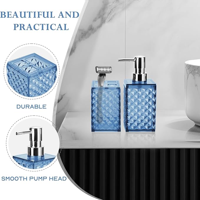 Blue Bathroom Accessories Set 2 PCS, Navy Blue Bathroom Accessories Include Soap Dispenser and Toothbrush Holder, Diamond Pattern Bathroom Set for Boho Bathroom Decor