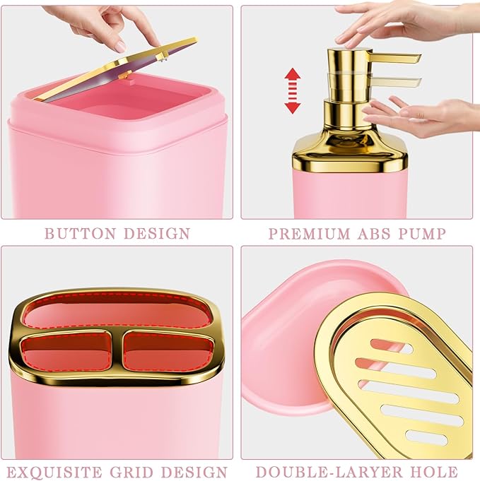 XLHOMO Bathroom Accessories Set - Luxury Pink Bathroom Set, 9 Pieces Bathroom Accessory Set, Pink Bathroom Accessories with Trash Can, Toilet Brush & Soap Dispenser