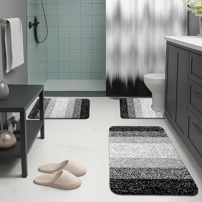 Britimes Black Grey Stripes Bathroom Sets with Shower Curtain and Rugs, Ombre Modern Abstract Waterproof Shower Curtain Liner and Soft Non Slip Bath Mat for Bathroom Decor and Accessories Hooks