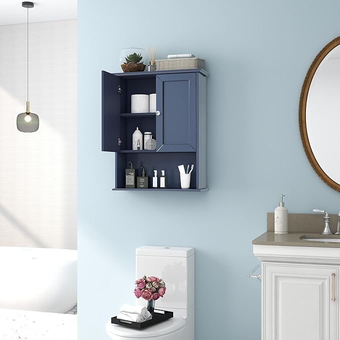 VANIRROR Bathroom Wall Cabinet Navy Blue Over Toilet Storage Cabinets 24x30 in Above Toilet Wood Medicine Cabinets Wall Mounted Bathroom Cabinet with 2 Door & Adjustable Shelf