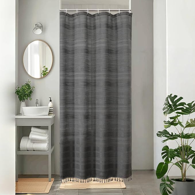 OVZME Boho Stall Shower Curtain, Narrow Soft Fabric Striped Textured Bathroom Shower Curtain with Tassel, Modern Farmhouse Machine Washable Bath Decor, 36Wx72L Inches, Charcoal Grey