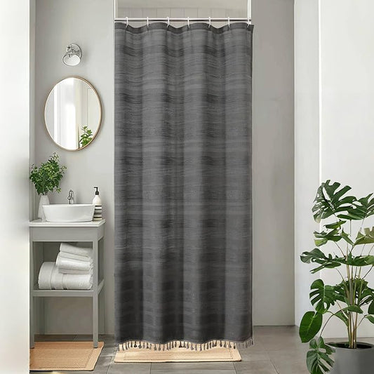 OVZME Boho Stall Shower Curtain, Narrow Soft Fabric Striped Textured Bathroom Shower Curtain with Tassel, Modern Farmhouse Machine Washable Bath Decor, 36Wx72L Inches, Charcoal Grey