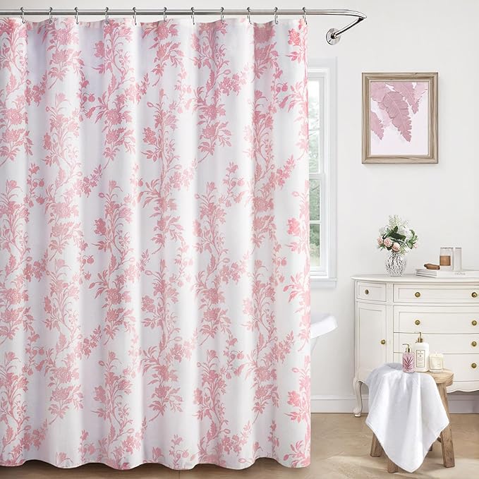 Pink Floral Shower Curtain,Vintage Cotton Cottagecore Shower Curtains for Bathroom, 60" W x 72" L