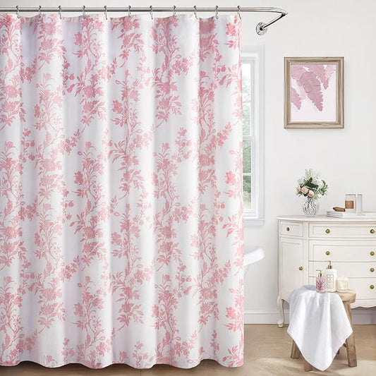 Pink Floral Shower Curtain,Vintage Cotton Cottagecore Shower Curtains for Bathroom, 72" W x 78" L