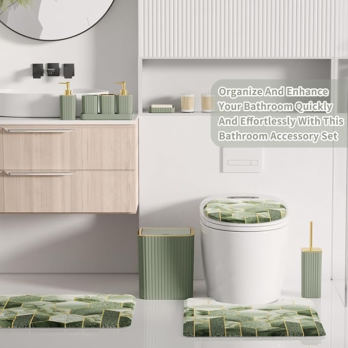 XLHOMO Bathroom Set - 26PC Bathroom Set with Shower Curtain and Rugs, Bathroom Accessory Set, Sage Green Bathroom Accessories Set, Trash Can & Soap Dispenser