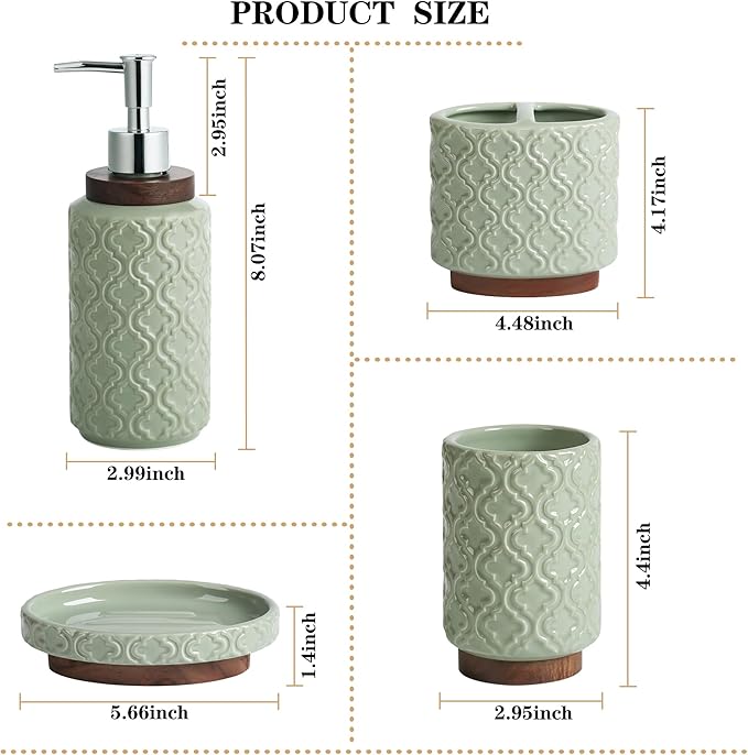 RQYIXI Elegant 4 PCS Ceramic&Wood Bathroom Accessories Set:Soap Dispenser,Toothbrush Holder,Tumbler,Soap Dish,Easy to Clean,Quatrefoil Pattern,Green-Affordable Luxury for Home Decor Enthusiasts