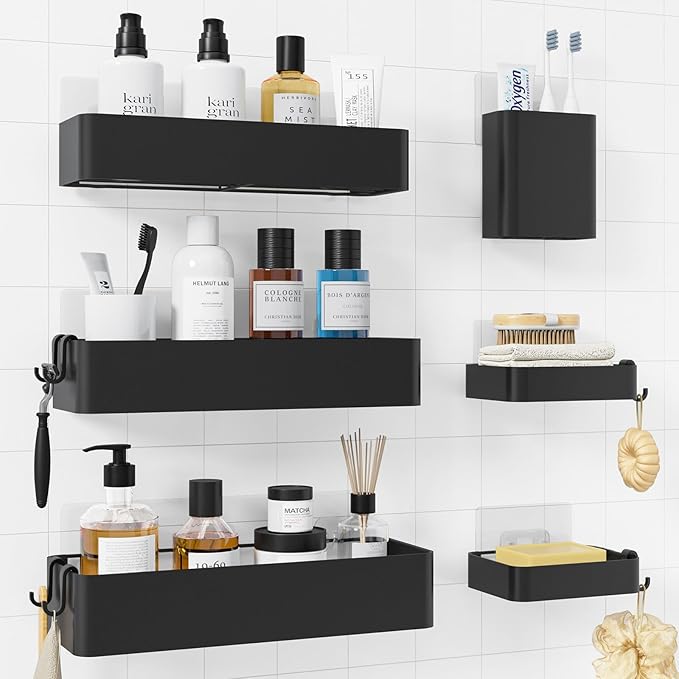 Kitsure Shower Caddy Adhesive - 6-Pack, No-Drilling Shower Shelves with Soap Holder, Toothbrush Holde, 6 Hooks, Rustproof & Stylish Bathroom Organizers and Storage Solution, Black, Large