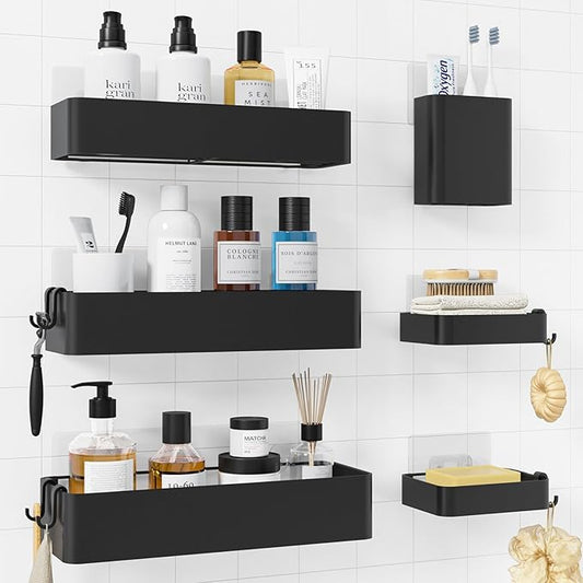 Kitsure Shower Caddy Adhesive - 6-Pack, No-Drilling Shower Shelves with Soap Holder, Toothbrush Holde, 6 Hooks, Rustproof & Stylish Bathroom Organizers and Storage Solution, Black, Large