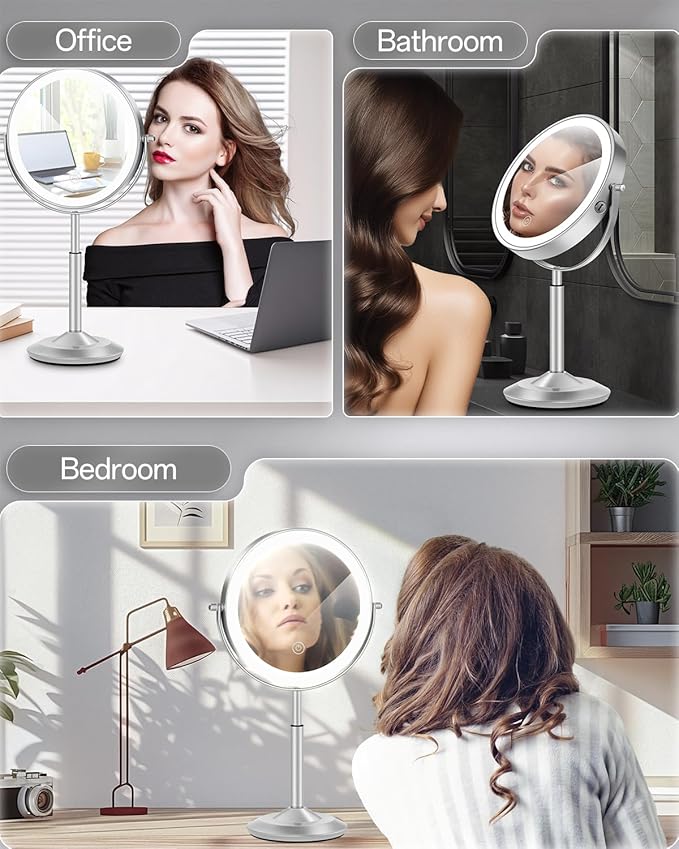 vpu Makeup Mirror with Lights, 1X/30X Lighted Magnifying Mirror Height Adjustable, 3000mAh Rechargeable Double Sided Vanity Mirrors with 3 LED Lighting and Adjustable Brightness for Desk Women Gift