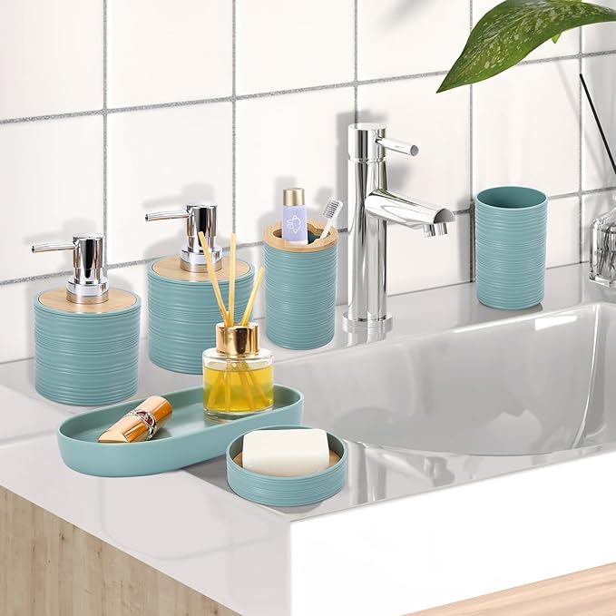 XLHOMO Blue Bathroom Set, Light Blue Bathroom Accessories Set with Trash Can, 2PCS Soap Dispensers, Soap Dish, Toothbrush Holder, Toothbrush Cup,Toilet Brush, Tray and Qtip Holders for Bathroom Decor