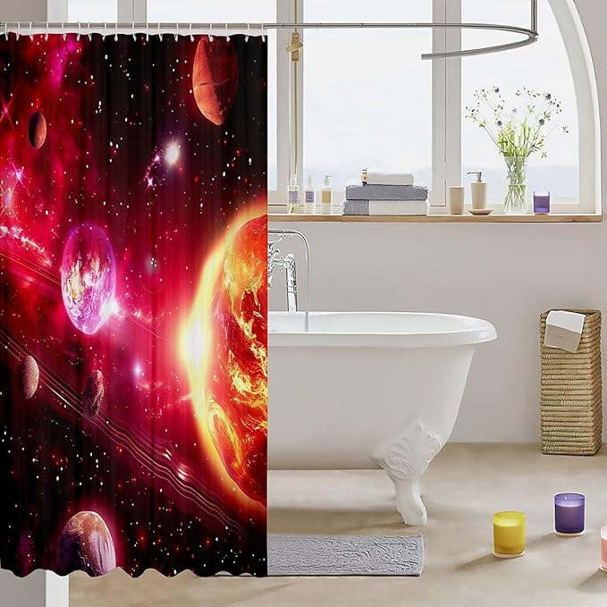 Feelyou Solar System Shower Curtain Kids Universe Planets Bathroom Shower Curtain Set for Bathtubs Pink Outer Space Galaxy Bath Curtain Chic Starry Sky Fabric Bath Curtain Bathroom Decor 72"x78"