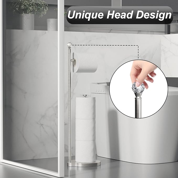 KASUNTO Toilet Paper Holder for Bathroom, Heavy Weighted Metal Free Standing Toilet Paper Storage with Crystal Ball, Toilet Paper Stand for Bathroom Accessories, Brushed Nickel [Holds MEGA Rolls]