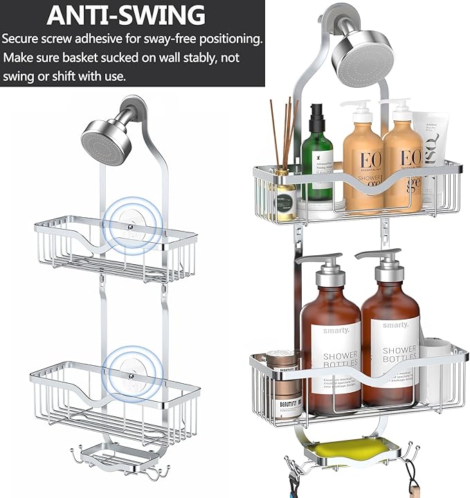 Kadolina Shower Caddy Hanging, Bathroom Shower Rack, Bathroom Organizer with Soap Dish, Over The Showerhead Caddy with Hooks for Razor/Sponge, Bright Silver (Assembly Required)