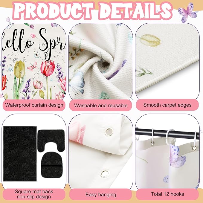 Drydiet 7 Pcs Spring Floral Shower Curtain Set Hello Spring Tulip Design with Non-Slip Rugs Bath Towels U-Shaped Mat Toilet Lid Cover and 12 Hooks 71x71 Inch Waterproof for Home Bathroom Decor