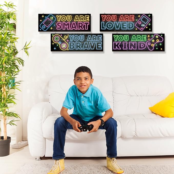 YLOLUL 4 Pieces Neon Gaming Decor for Boys Room Wooden Video Game Wall Art Print 15.7 X 5.1 Inch Motivational Quote Gamer Hanging Plaques Wall Decor for Boys Kids Room Bedroom Playroom Decorations