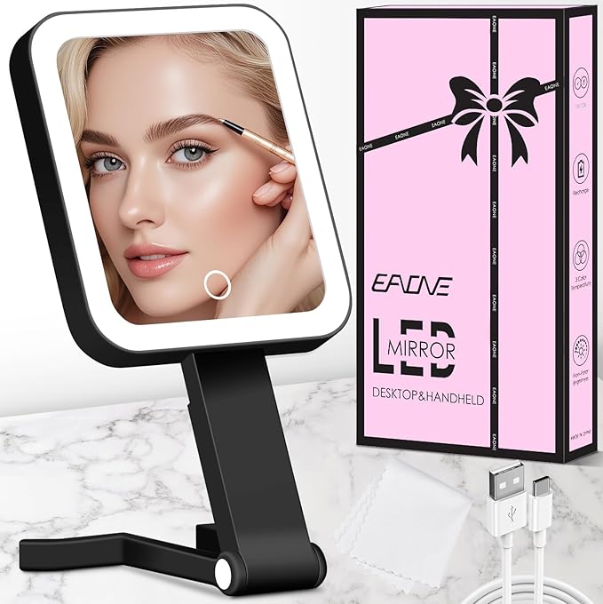 EAONE Travel Makeup Mirror with Lights, Double Sided Magnifying Vanity Mirror 10X/1X with 3 Color Lighting & Dimmable Touch Screen, Compact Handheld Cosmetic Mirror for Bathroom, Women Gifts (Black)