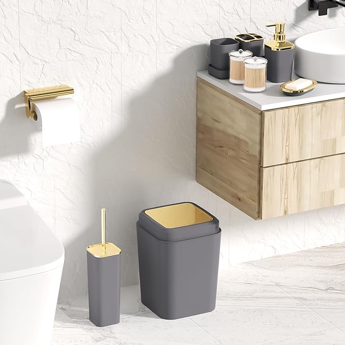 XLHOMO Grey Bathroom Accessories Set, Bathroom Sets with Shower Curtain, Grey Bathroom Accessories with Trash Can, Soap Dispenser, Soap Dish, Toilet Brush Holder, Qtip Holders for Bathroom