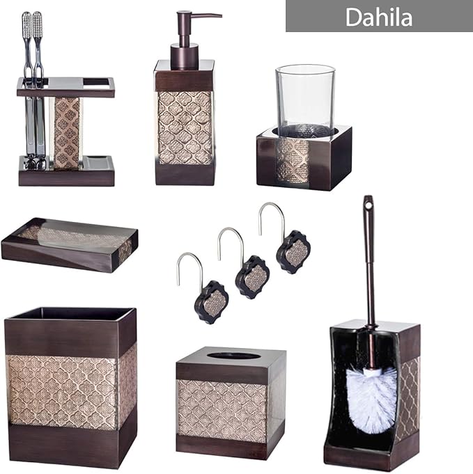 Creative Scents Dahlia 4-Piece Brown Bathroom Accessories Set Complete - Luxury Resin Bath Decor Includes Soap Dispenser, Toothbrush Holder, Tumbler & Soap Dish - Modern Brown Textured Design