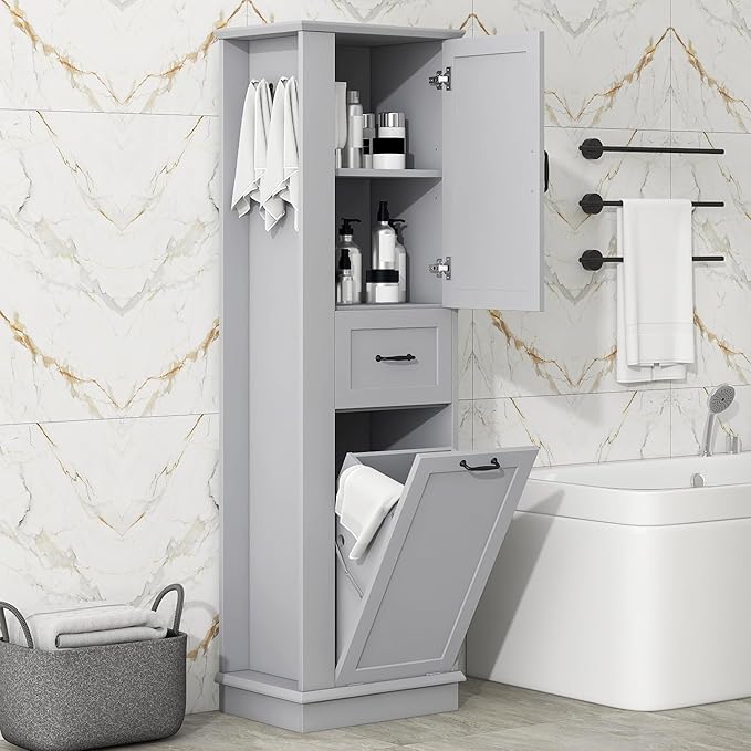 Virubi Tall Laundry Cabinet with Tilt Out Hamper, Wood Bathroom Storage Cabinet with Door, Drawer and Adjustable Shelves Freestanding, Grey