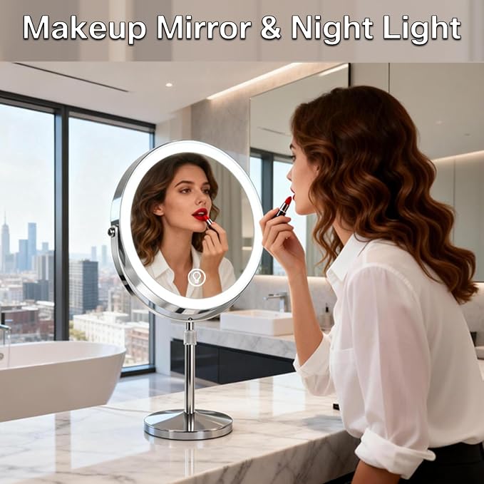 Makeup Mirror with Lights and Magnification, Electric Lighted Standing Mirror with 10x Magnification, Magnifying Mirror with Light for the Bathroom, 360° Rotation & Height Adjustable