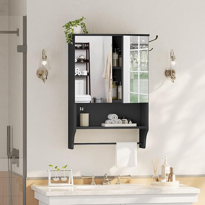 MAHANCRIS Bathroom Wall Cabinet with Mirror, Medicine Cabinet with 2 Door and Adjustable Shelf, Wall Mounted Over The Toilet Storage Cabinet for Bathroom Laundry Room Kitchen, 18.9"W x 26.2"H, Black