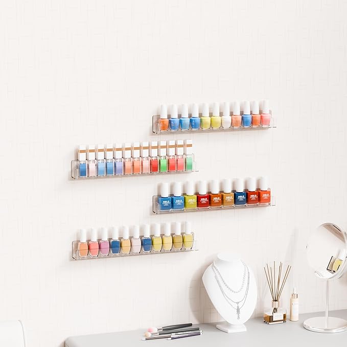 Cq acrylic Nail Polish Shelf for Wall,15 Inch 4 Pack Hanging Clear Nail Polish Wall Organizer Shelves for Nail Salon Wall Essential Oil Shelf,Gel Fingernail Polish Holder and Tattoo Studio Decor Paint