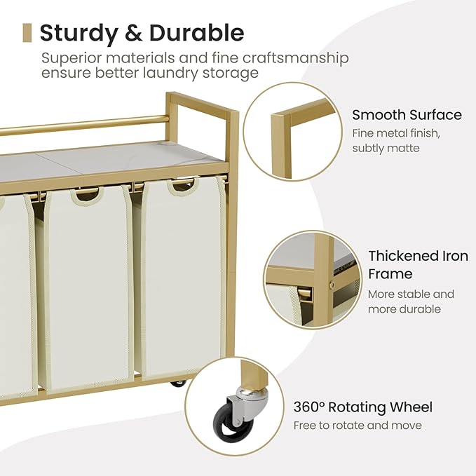SwaaVee Laundry Hamper, Laundry Basket, Laundry Sorter with 3 Removable Bags, Clothes Basket with 3 Compartments, Wheels, Shelf for Laundry Room Bathroom Bedroom (3 Bags-Golden)