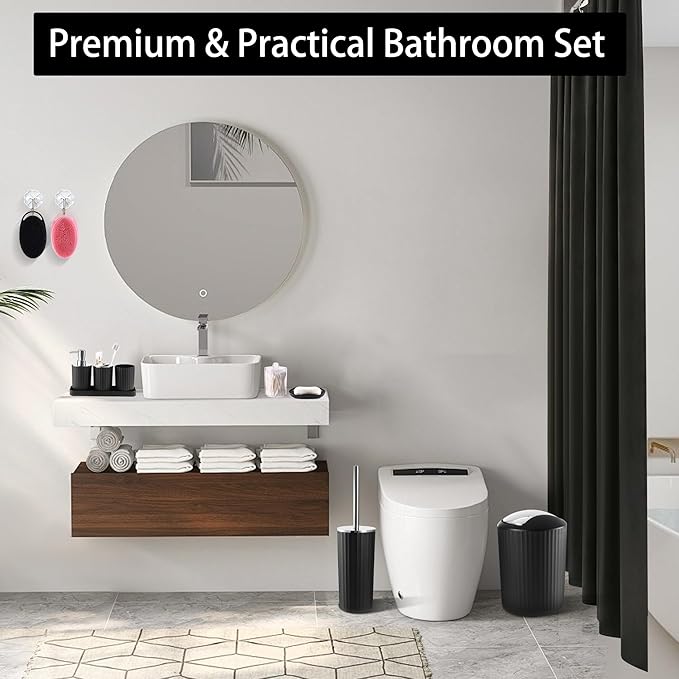 Bathroom Accessories Set, 11PCS Black Bathroom Accessory Set with Shower Curtain, Bath Brush, Trash Can, Soap Dispenser and Dish, Toilet Brush, Toothbrush Holder, Tumbler Cup, Q-tip Holders for Decor