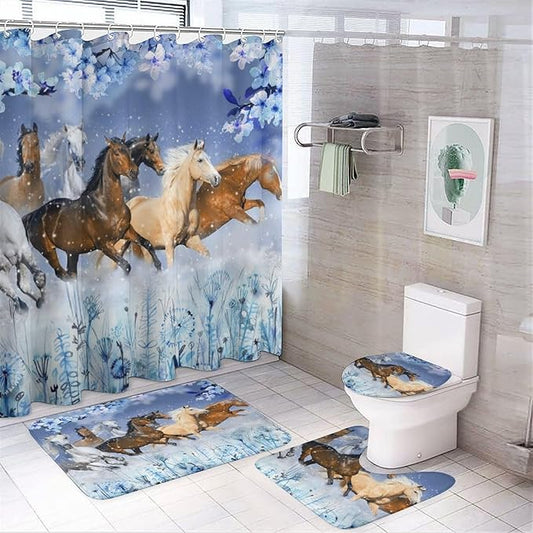 Beautiful Horses 4 Pcs Waterproof Shower Curtain Set,Realistic Modern Winter Forest Farm Animal Horse Blue Flowers with Waterproof Toilet Cover Shower Mat Rugs
