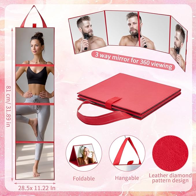 3 Way Foldable Full Length Mirror with Handle 31.89 x 11.22 Inches Leather Portable Camping Travel Hanging Folding Body Mirror for Makeup Dance Fitness Spa Hair Styling(Wine Red,Classic)