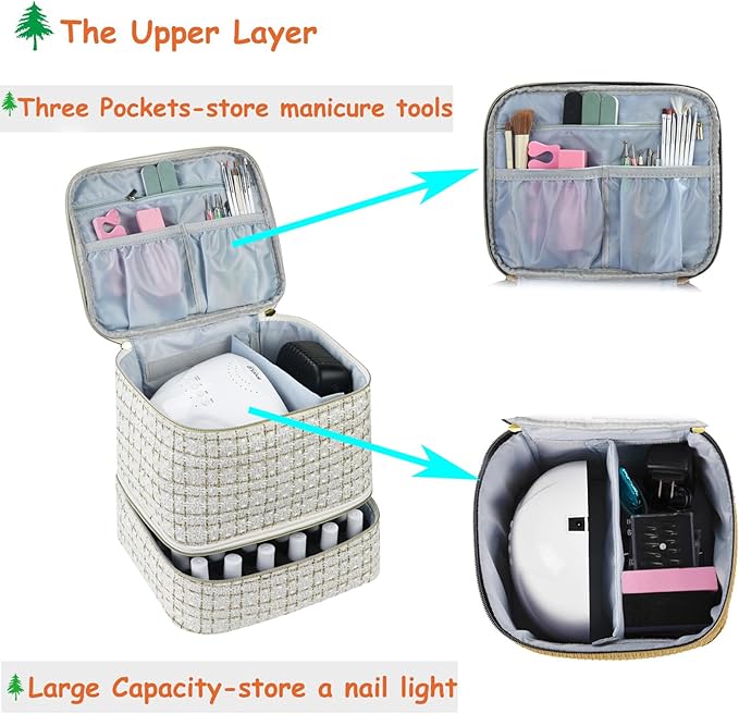 CTWWFS Nail Polish Organizer and Nail Lamp Case, Nail Kit Organizer Holds 30 Bottles (15ml - 0.5 fl.oz) and a Nail Lamp, Nail Polish Carrying Case with Manicure Tools Storage Sections (A-White)