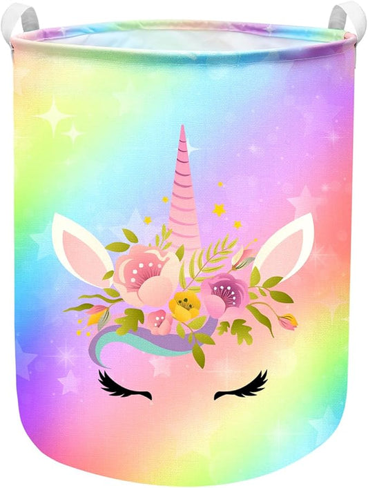 Unicorn Laundry Basket Hamper Large Sized Round Storage Basket Waterproof Bin Collapsible Laundry Basket for Room Organizer, Bedroom Nursery Playroom Clothes (62.8L)