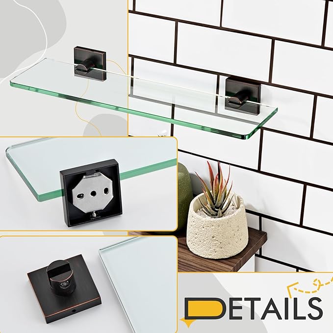 KOKOSIRI Tempered Glass Shelves 16-Inch Bathroom Floating Wall Shelf Kitchen Rack Shower Storage, 2 Pack Oil Rubbed Bronze Stainless Steel B1107ORB-L16-P2
