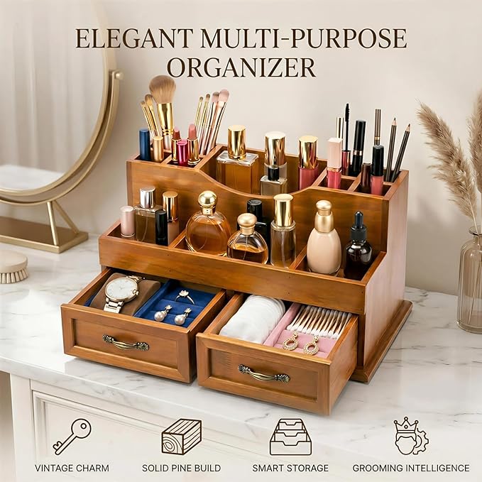 Rustic Wood Makeup Organizer with 2 Drawers, Vintage Tabletop Storage Box for Perfume, Skincare and Beauty Supplies, Thick Wood Design for Office, Bathroom, or Countertop
