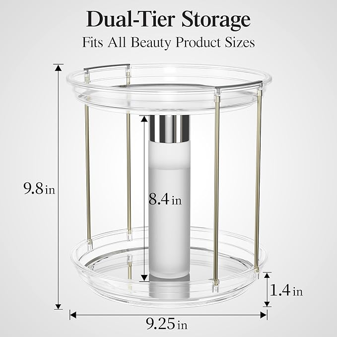 Delamu Rotating Makeup Organizer for Vanity, 2 Tier Skincare Organizer for Bathroom Counter, Spinning Perfume Organizer Cosmetic Holder with Large Capacity, Clear