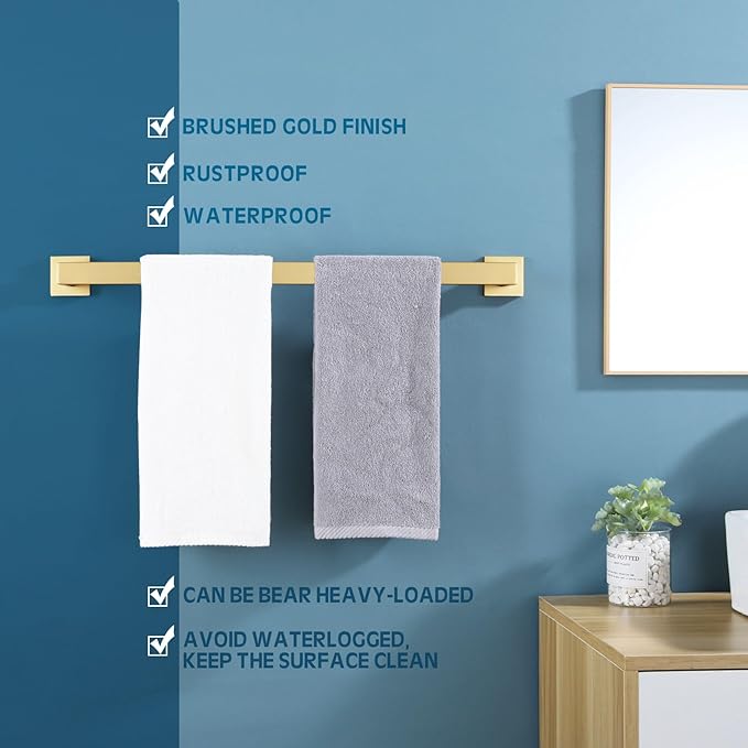 KOKOSIRI 24-Inch Single Towel Bar, Bathroom Kitchen Towel Holder, Wall Mounted SUS304 Stainless Steel Towel Rack, Brushed Gold, B4003BG-L24