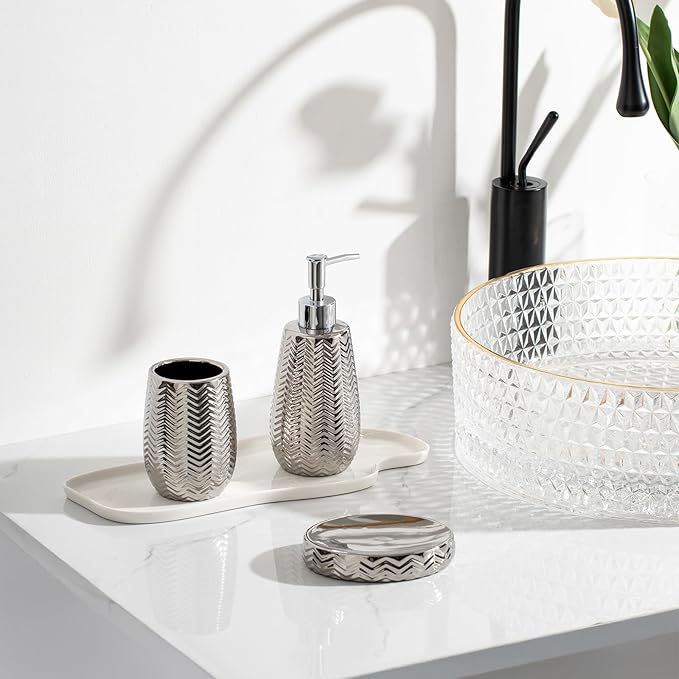 Silver Bathroom Accessories Set 3 Piece, Soap Dispenser, Toothbrush Holder and Soap Dish, Wave Design Stylish Elegant Ceramic Bathroom Decor