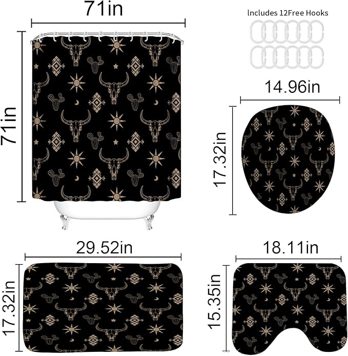 4Pcs Cow Skull Western Shower Curtains for Bathroom Decor Sets with Rugs, Sun and Cactus Farmhouse Shower Curtain for Bathroom, Black Gold Washable Fabric with 12 Hooks, Set de baño completo