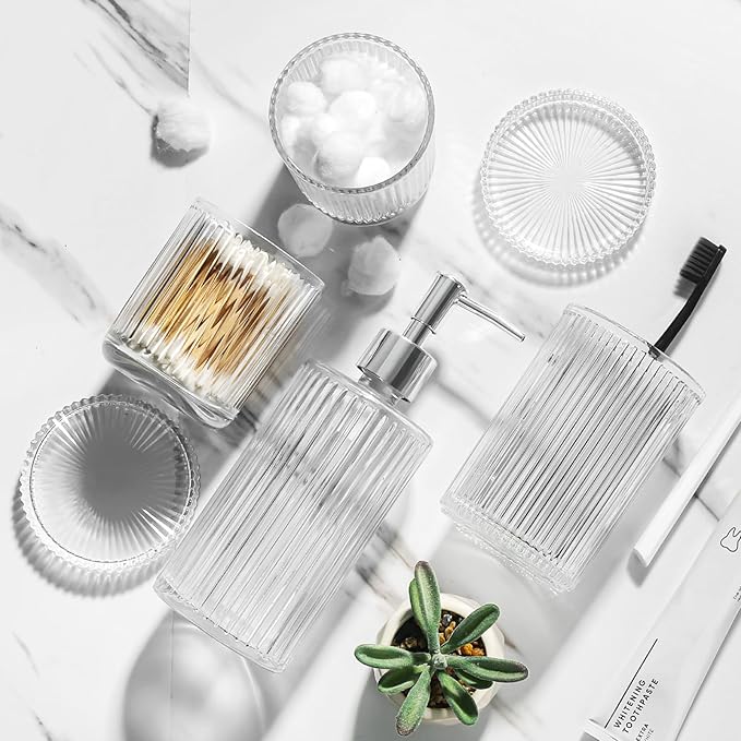 RYTOXILO Bathroom Accessories Set, 4 Pack Clear Glass Bath Accessory Sets Complete, Ribbed Soap Dispenser and Toothbrush Holder Set with 2 Qtip Holders, Modern Sliver Bathroom Counter Decor
