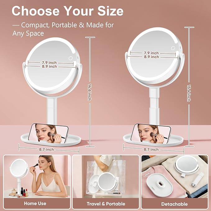 Lighted Makeup Mirror with 10X Magnification, Rechargeable LED Magnifying Vanity Mirror with 3 Lights, Adjustable Height, Storage Base and Phone Holder, White, 8 inch