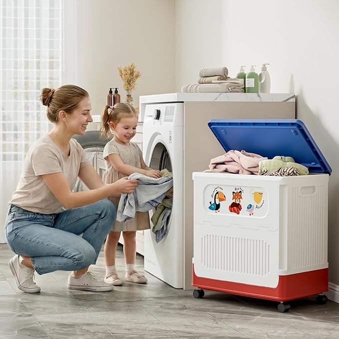 HAIXIN HOME 60L Cute Laundry Hamper, Slim Rolling Laundry Hamper with Lid, Dirty Clothes Hamper Cart with Handle for Bedroom, Bathroom, Closet, Dorm, Blue Lid, White Body and Red Base - Tricolor