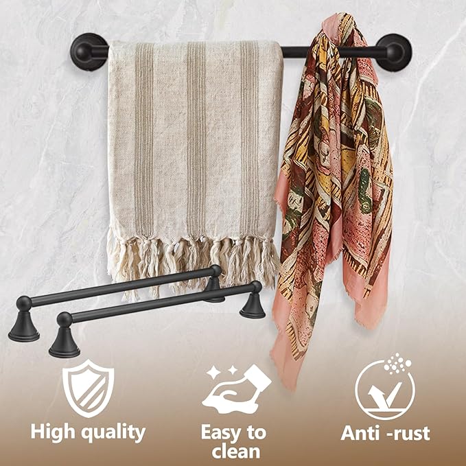 18-Inch Wall Mounted Towel Bar, Flat Black Towel Rack, Bathroom Towel Holder for Hand Towels, Modern Bathroom Towel Bar