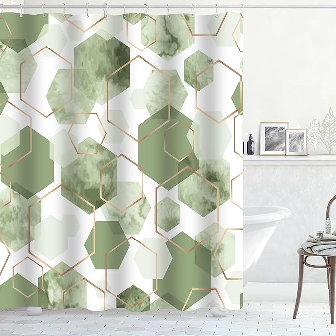 Muuyi 4Pcs Sage Green Geometric Shower Curtain Set, Neutral Modern Art Deco Shower Curtain with Hooks, Elegant Trendy Simple Bathroom Sets with Shower Curtain and Rugs, 71 * 71in