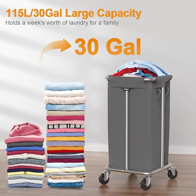 Hodonas 115L Laundry Basket with Wheels, 30 Gal. Rolling Laundry Hamper, Removable and Machine Washable Liner, Steel Frame, Tall Laundry Cart for Laundry Room, Bedroom, Bathroom, Dorm Storage -Gray