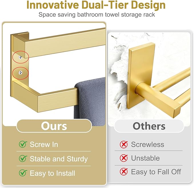 TNOMS Double Towel Bar,Towel Rack for Bathroom Stainless Steel Wall-Mounted Bathroom Hardware Brushed Gold 24 Inch Bathroom Accessories