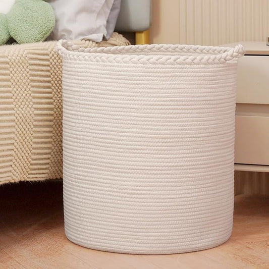 90L Oversize Woven Laundry Basket,Cotton Tall Laundry Hamper for Blankets,Clothes,Pillows,Toys,Shoes Large Laundry Bin White
