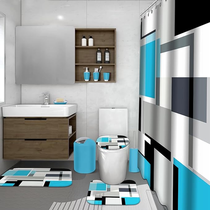 Lnond Blue Bathroom Set, 23-Piece Blue Black Geometric Bathroom Decor Set with with Shower Curtain and Rugs, Trash Can, Toilet Brush Holder Set & Soap Dispenser